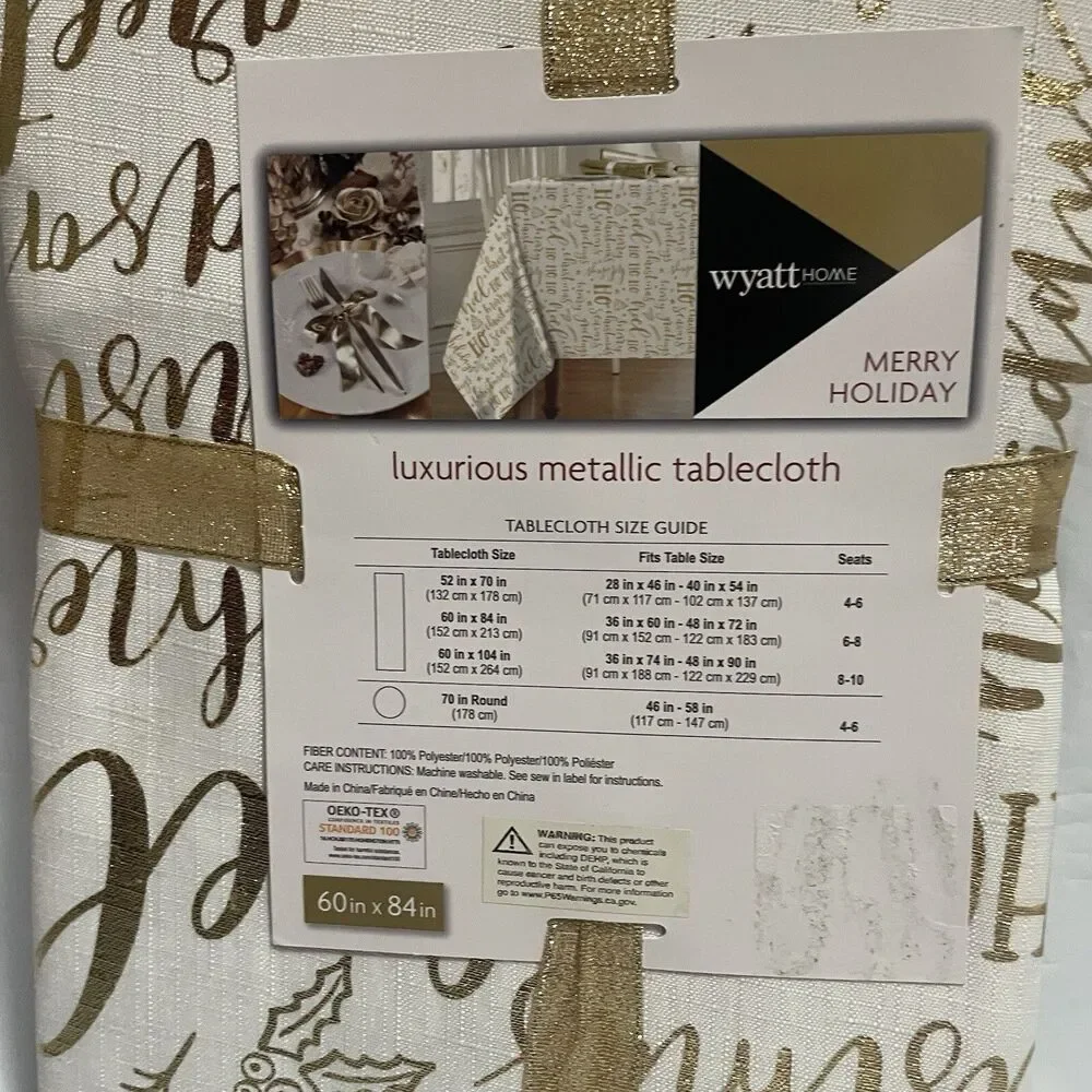 Christmas Tablecloth 60 x 84 White and Gold Metallic Christmas Greetings Print